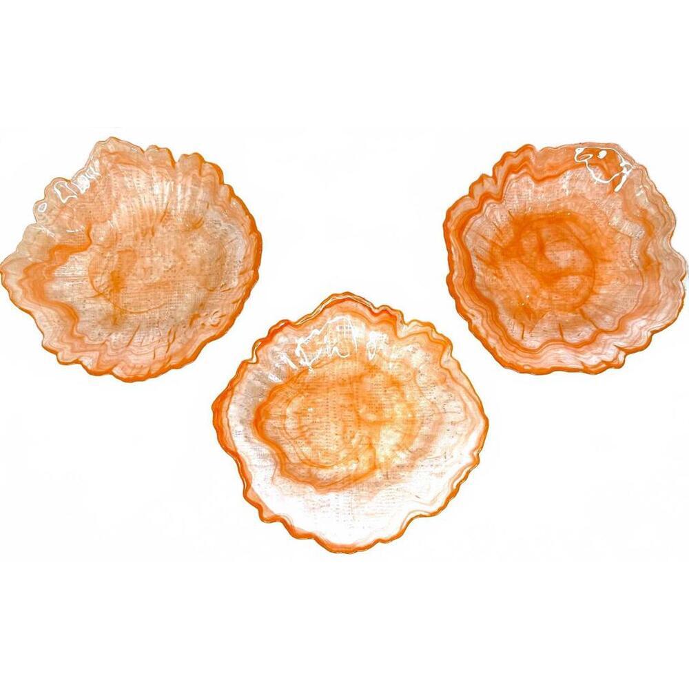 Set of 3 Art Deco Style Orange Swirl Glass Bowls Scalloped Rim Translucent